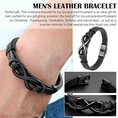 Leather Infinity Bracelet for Men Black Stainless Steel 1
