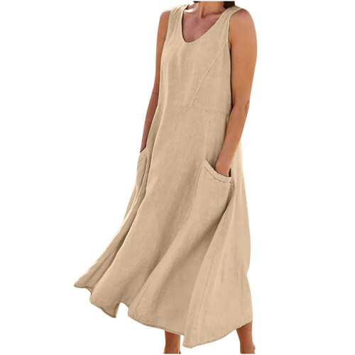 Abito estivo da donna senza maniche in cotone e lino con tasche 1