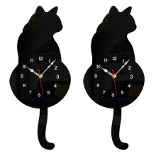 2X Orologio da Parete un Pendolo con Gatto Nero, Orologio da Gatto, Orologio da Gatto con Coda Mobile, Oscillazione del Gatto, Orologi da Parete