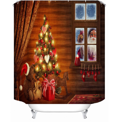 Set de decorațiuni pentru baie cu perdea de duș de Crăciun și cârlige 2