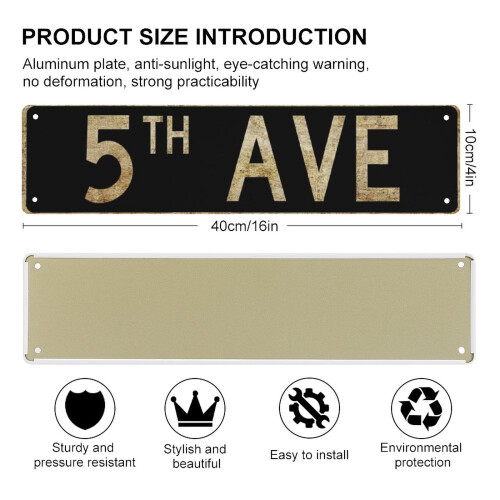 Placa de metal rústica para parede da 5ª Avenida, com a frase "4x16 polegadas" (10x40 cm). 1