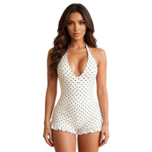 (M, White) Women Halter Shorts Jumpsuits Summer Dot Print V-Neck Backless Bodysuits Casual Sleeveless Rompers Club Streetwear