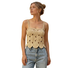 (M, Khaki) Women Summer Knitted Camisole Casual Cutout Spaghetti Straps Tank Tops Sleeveless T-Shirt for Club Streetwear
