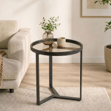 HOMCOM Round Side Table with Tempered Glass Top and Metal Frame, Black