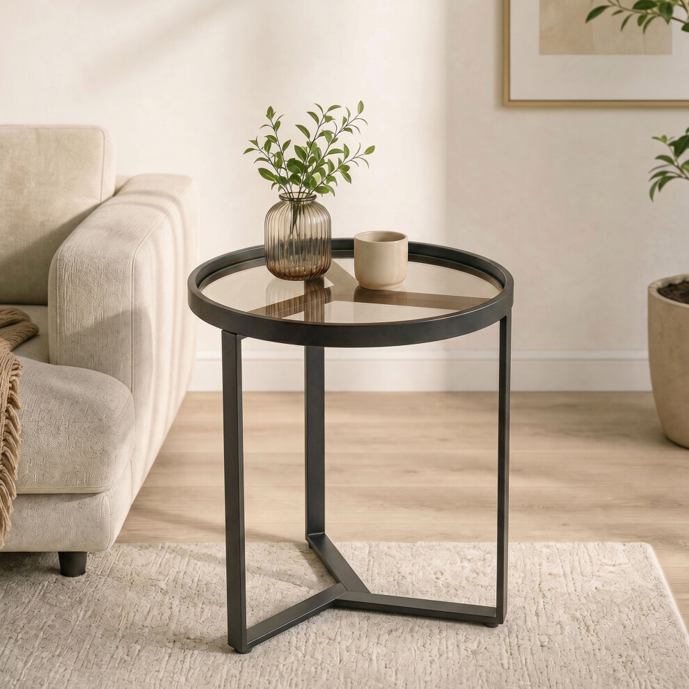 Homcom Round Side Table With Tempered Glass Top And Metal Frame, Black