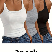 (16) 3pcs Women's Sleeveless Tops - Breathable Slim-Fit Solid Color Sleeveless Shirts & Tank Tops, No Padding