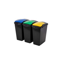 Addis Recycling 40 Litre Set of 3 Waste Utility Plastic Bins Interlocking Clips, Lift, Blue & Yellow, Black Colour Coded Lids Green, Blue, Yellow, 3