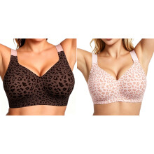 (Brown Pink, 4XL) Women's Seamless Jelly Soft Support Bra Leopard Print Wire-Free Full Cup Thin Plus Size Bra Breathable Push Up Bra