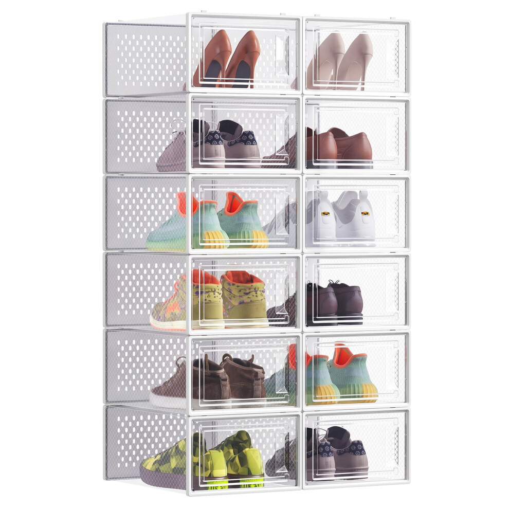 Songmics Shoe Boxes, Pack Of 12 Stackable Shoe Storage Organisers, Foldable And Versatile For Sneakers, Fit Up To Uk Size 9.5, Transparent And White
