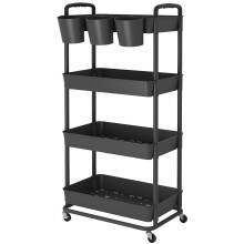 JIUYOTREE 4-Tier Plastic Rolling Storage Cart Utility Cart with Extra Hanging Cu