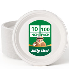 JOLLY CHEF White Bagasse Paper Plates 100 Pack 10 Inch, Disposable Paper Plates Biodegradable Dinner Plates - Sugarcane Bulk for Party Daily Use