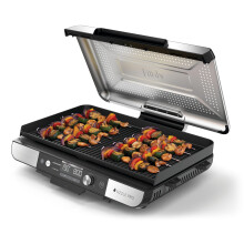 Ninja Sizzle Pro XL Indoor Grill & Flat Plate, Includes Non-Stick Ceramic Coated Grill Plate & Flat Top Plate, Detachable Lid, Grease Catch & Recipe G