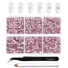Beadsland 4300pcs Flatback Rhinestones,Pink Rhinestones Nail Gems Round Crystal for Crafts,Mixed 6 Sizes with Picking Tweezers and Wax Pencil Kit, SS