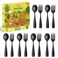 DEHOV Black Toddler Eating Utensils Set,Set of 12 Food Grade Stainless Steel Silverware Sets for Kids,Dishwasher Safe Children Small Metal Spoons and
