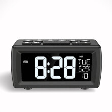 (black) FM Radio Alarm Clock Retro Digital Desk Clock for Bedside Kitchen Living Room 7 Color Font Date Week Display
