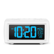(WHITE) FM Radio Alarm Clock Retro Digital Desk Clock for Bedside Kitchen Living Room 7 Color Font Date Week Display