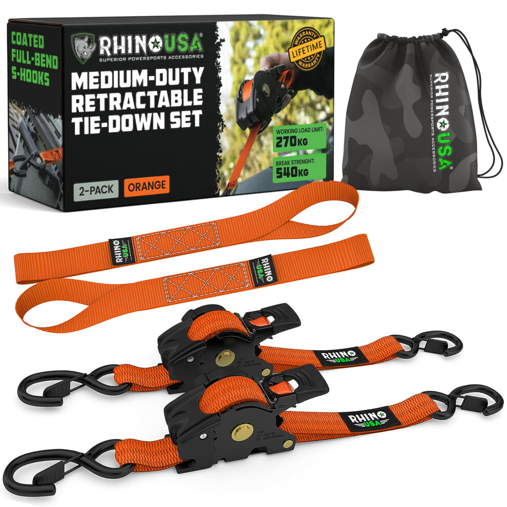 Rhino Usa Retractable Ratchet Straps (2-Pack) - 2.5Cm X 3M (540Kg Break Strength) - Heavy Duty Auto Self-Retracting Tie Down Straps For Truck 5051227929419