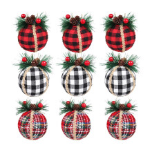 Christmas Plaid Ball Ornaments Black Red 9 pcs