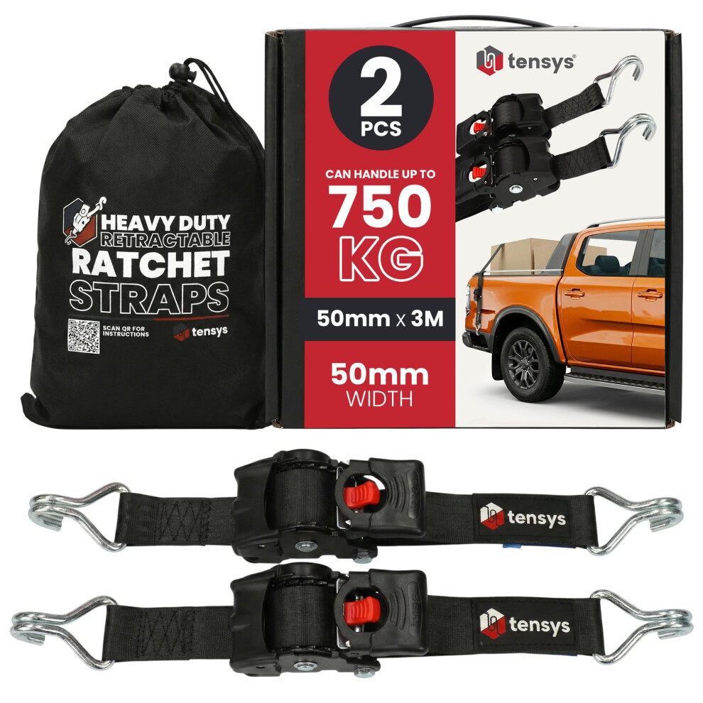 Tensys Auto Retractable Ratchet Tie Down Straps Set Â Heavy Duty Self Retracting Rachet Strap With Hooks For Cargo Luggage Motorcycle Furniture Roof 5051227929143