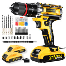 Cordless Hammer Drill Set, 21V Impact Drill Driver and Screwdriver Set with 2 Batteries, 25+3, 10mm Heave Duty DrillChuck, 2 Speed Power Combi Battery