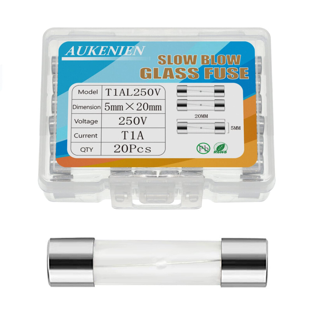Aukenien T 1A 250V Slow Blow Glass Fuses T1al T1al250v 5X20 Mm 1 Amp 250 Volt Cartridge Tube Time Delay Fuse, Multiple Values Of Glass Fuse Optional 5006686069480