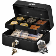 ZENO Cash Box | Money Tin | Steel Metal Money Safe Box | Durable Petty Cash Deposit Tin Holder | With Lock | 6 Compartments Coin Tray | 2 Keys | Blac