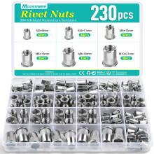 Moosswee 230 Pcs Rivet Nuts Kit, 304 Stainless Steel Threaded Insert Nutserts, M3 M4 M5 M6 M8 M10 Flat Head Rivnut Set for Metal Plates, Appliances a