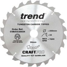 Trend Wood Mitre Saw Blade, 250mm Diameter, 30mm Bore, 24 Teeth, 3mm Kerf, -5 Hook, TCT, Coarse Finish, CSB/CC25024
