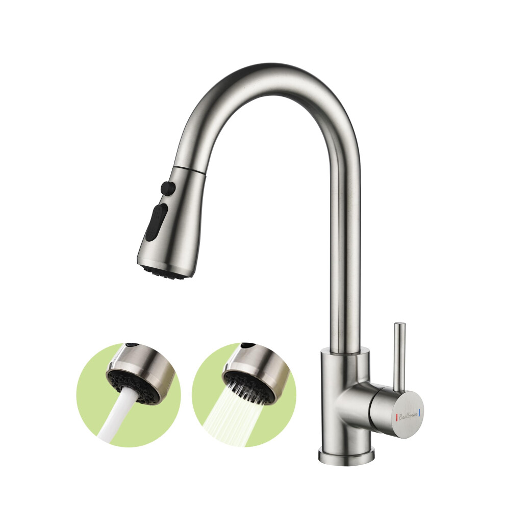Baollansa Kitchen Tap,Kitchen Mixer Taps With Pull Out Sprayer, Kitchen Taps Swivel Spout With 2 Modes Spray,Kitchen Sink Taps 360Rotatable (Brushed) 5051227809131