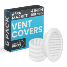 Repa Market 100mm Pack of 5 White Vent Cover with Mesh Screen - Plastic Soffit Ventilation Grill - Louvered Vent for Indoor, Outdoor Wall Ducting - H