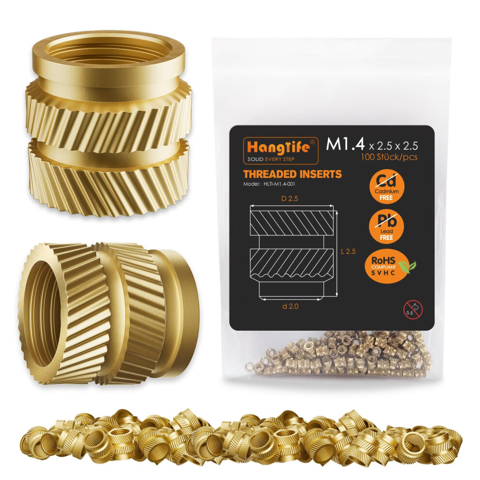 Hanglife Threaded Inserts For Plastic, M1.4 Heat Set Insert For 3D Printing Components And Plastic Parts - Brass Metric Knurled Nuts (100 Pieces) 5002891104107