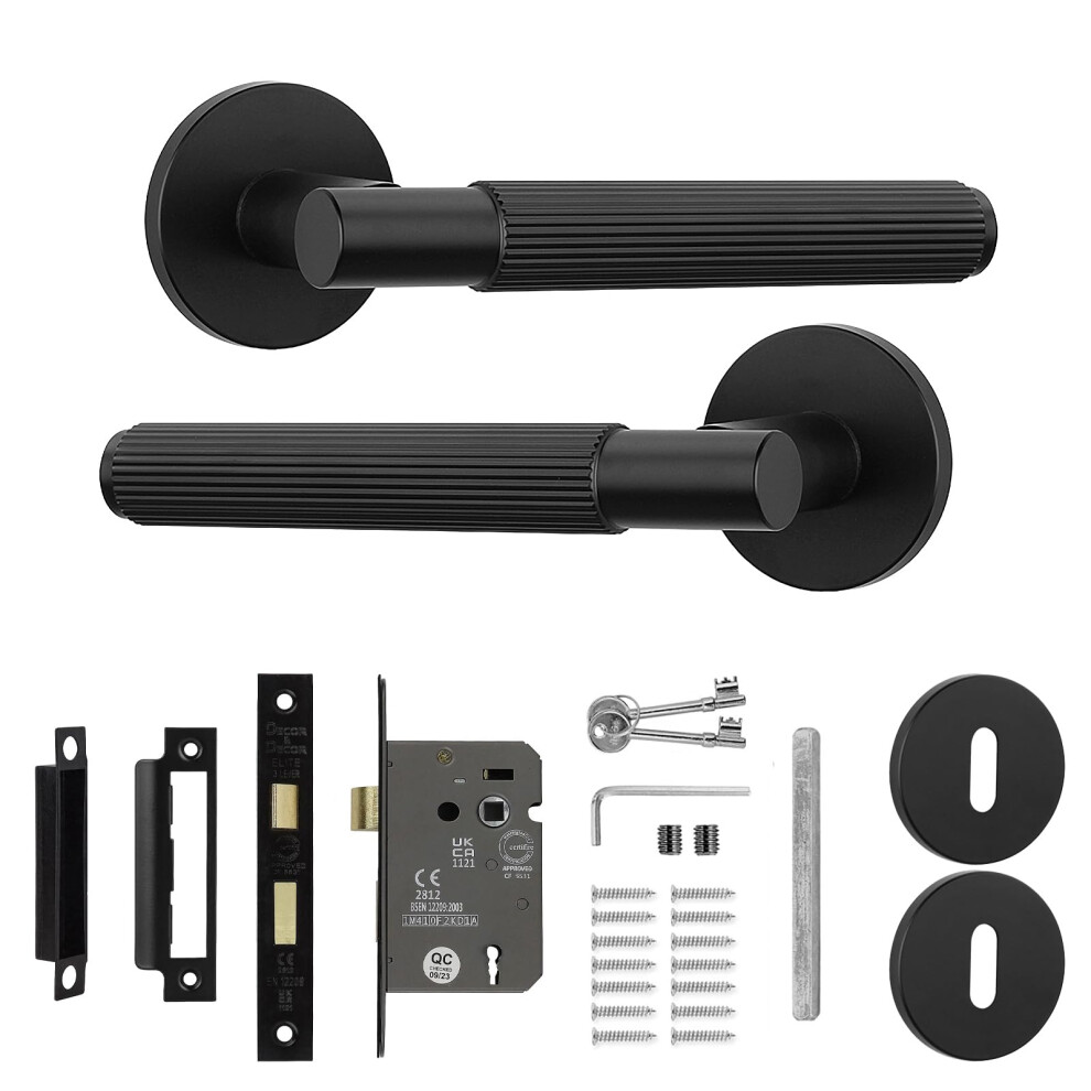 Decoranddecor Hera Black Door Handles Internal - Aluminium Matt Black Door Lever Sets For Wooden Interior Doors - Internal Door Handles With Lock And 5007138802426
