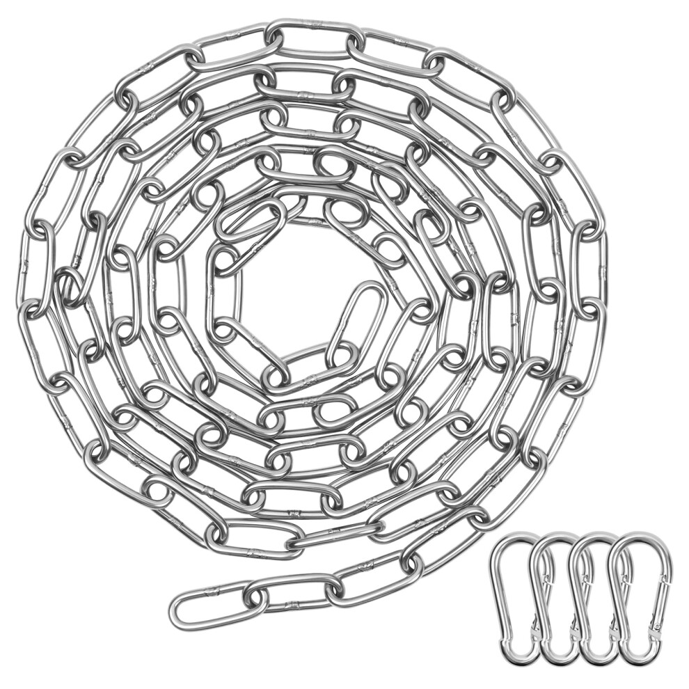 304 Stainless Steel Chains,2 Metres 3Mm Heavy Duty Chain Links With 4 Carabiner Metal Round Steel Chain Corrosion And Rust Prevention Multifunctional 5001900292347