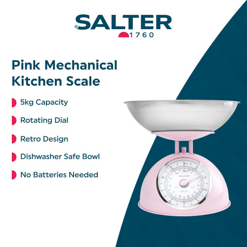 Salter Salter Retro Pink Mechanical Kitchen Scale – Easy Read Large Rotating Dial, 5kg 1