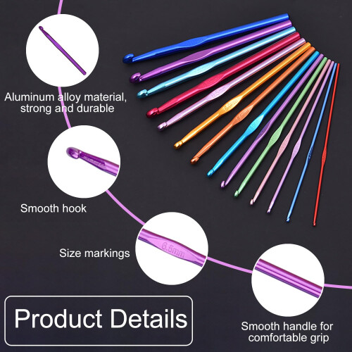 14 Piece Aluminium Crochet Hooks Set, Crochet Hooks Knitting Needles 2