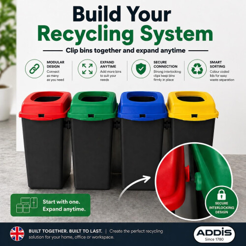 Addis Addis Recycling Bins Kitchen Set of 3 (40L) – Red Green Blue | Stackable Modular 1