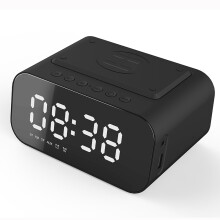 (Black) Digital Alarm Clock Bluetooth Speaker FM Radio Wireless Charger Phone Charging Pad USB Fast Charger Table Clock