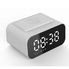 (White) Digital Alarm Clock Bluetooth Speaker FM Radio Wireless Charger Phone Charging Pad USB Fast Charger Table Clock