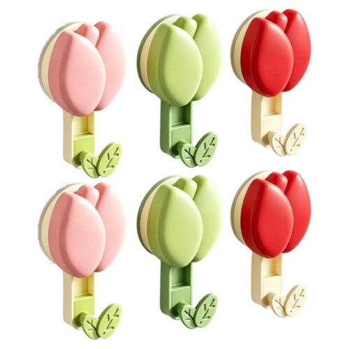 6pcs Cute Tulip Shaped Suction Cup Wall Hook, No Drill Removable Decorative Hook-Three Colors 1