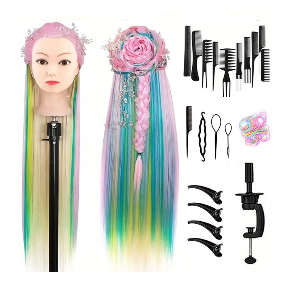 Xylfly (Pink) 24Inch Mannequin Head With Fiber Hair Model Practice Hairdressing Doll Head Styling Hairdressing Training Braided