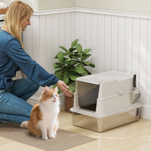 XL Katzentoilette aus Edelstahl mit Schaufel, Grau 1