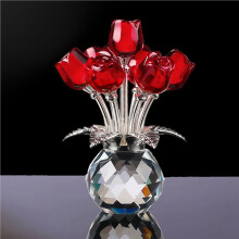 2X Bouquet de Roses Rouges avec Vase Rond, Figurines, Cadeaux pour Femmes, Bouquet en Verre, Ornement, Cadeaux Romantiques, Centre de Table