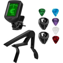Guitar Tuner and Capo Kit with 2 Adhesive Pick Holders - Clip- Tuner, Quick-Change Capo, 5 Picks for Guitar (9 Pieces)