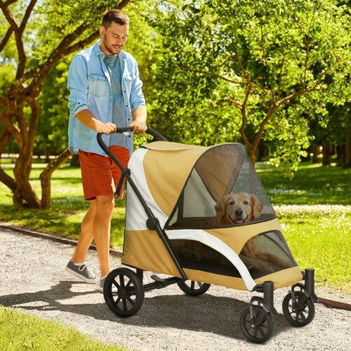 Poussette pliable marron pour grands chiens avec freins 1