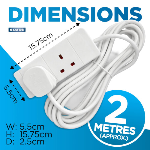 Status STATUS 2 Socket Extension Lead, 2m Cable 13A Power Strip for Home, Office or Sch 2