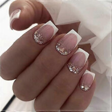 Press on Nails Set, Short Square Glitter French Tip False Nails, Reusable, 24 Pieces, 12 Sizes, with Adhesive Tabs