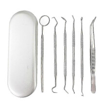 6-delige set mondhygiëne-instrumenten, gemaakt van voedselveilig roestvrij staal, inclusief opbergdoosje, voor mondverzorging thuis.