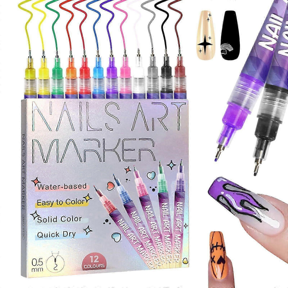 12Pcs Nail Art Pen Marker Set, 0.5mm Fine Needle Tip, Waterproof Formula, for Natural Acrylic Gel Tip Nails, Portable Nail Art Drawing Graffiti Tools