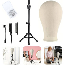 (1) 22" Canvas Wig Mannequin Headband Stand Cork Mannequin Block Set For Wig Trimming Display Includes T-pins And Comb