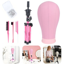 (2) 22" Canvas Wig Mannequin Headband Stand Cork Mannequin Block Set For Wig Trimming Display Includes T-pins And Comb